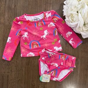 NWT Hatley Pink Unicorn Rainbow Long-Sleeve Rashguard Swim Set - 9-12m